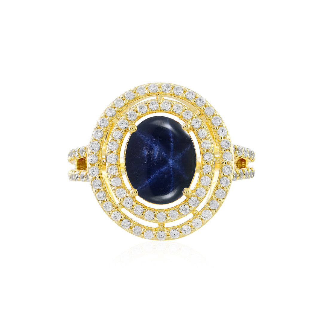 Diffusion Blue Star and Zircon Double Halo Silver Ring