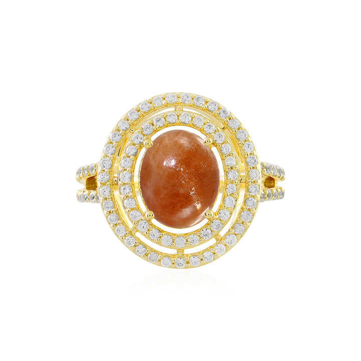 Sunstone and Zircon Double Halo Silver Ring