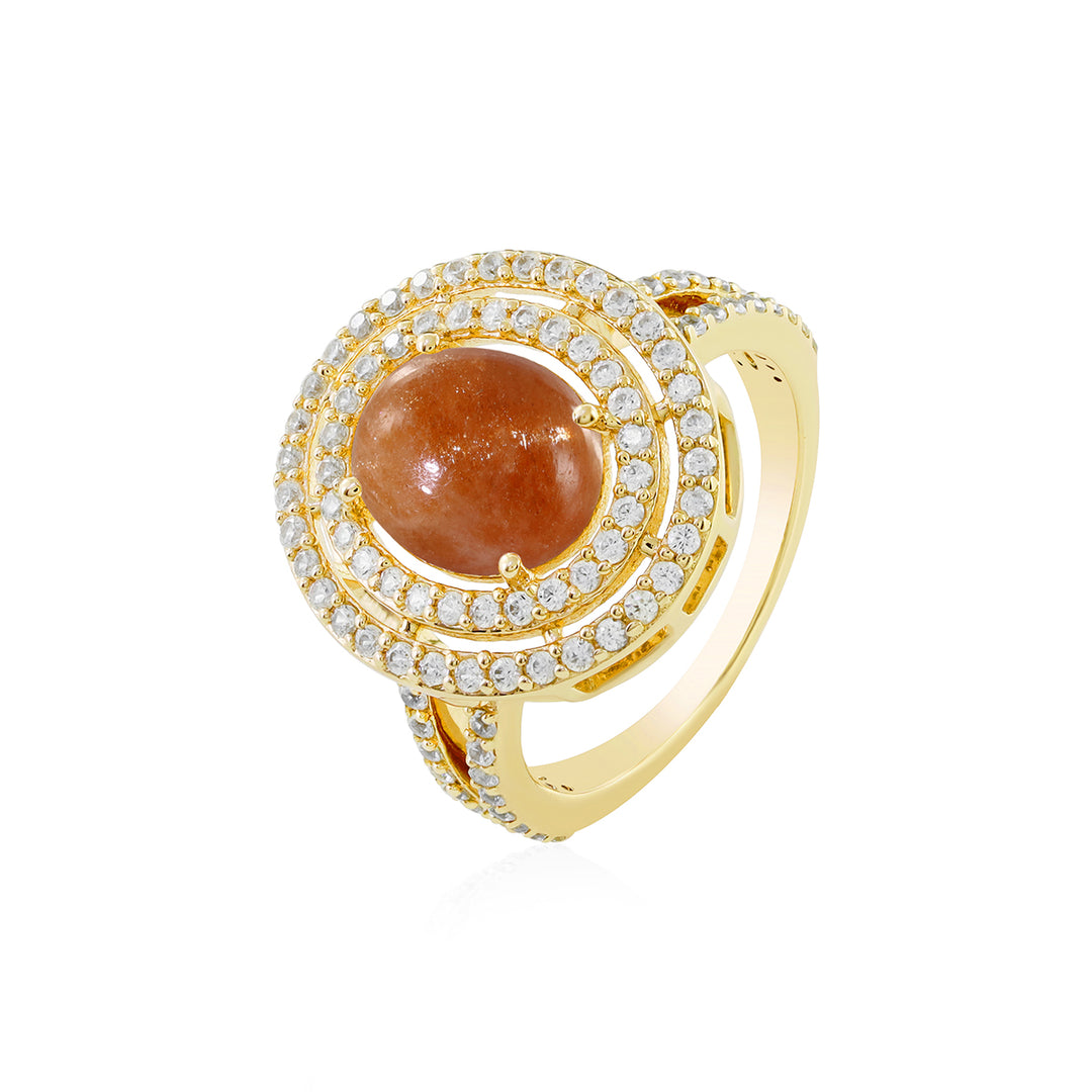 Sunstone and Zircon Double Halo Silver Ring