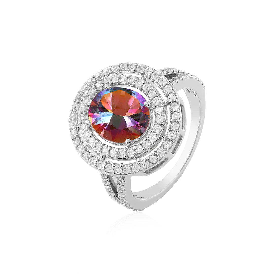 Mystic Topaz and Zircon Double Halo Silver Ring