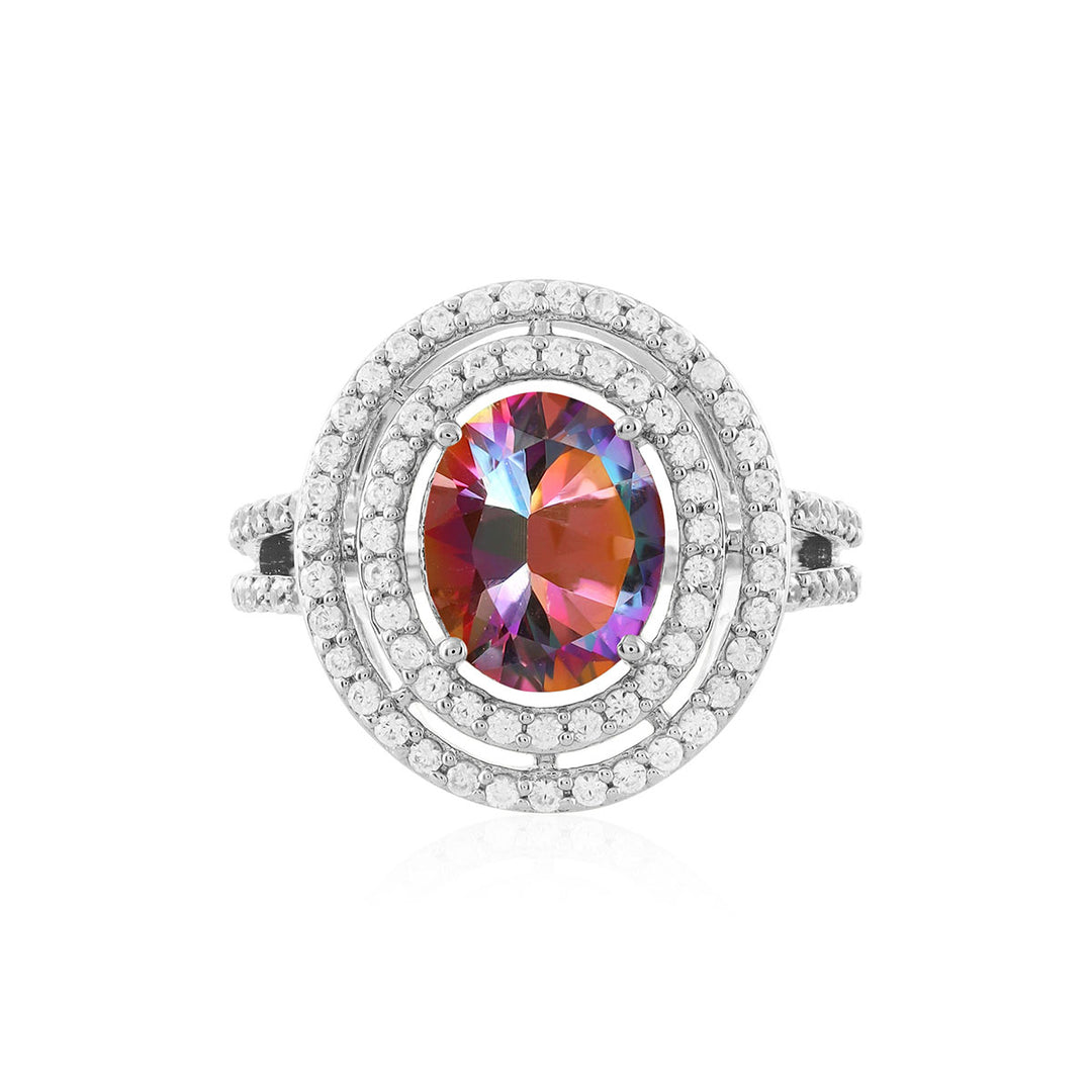 Mystic Topaz and Zircon Double Halo Silver Ring