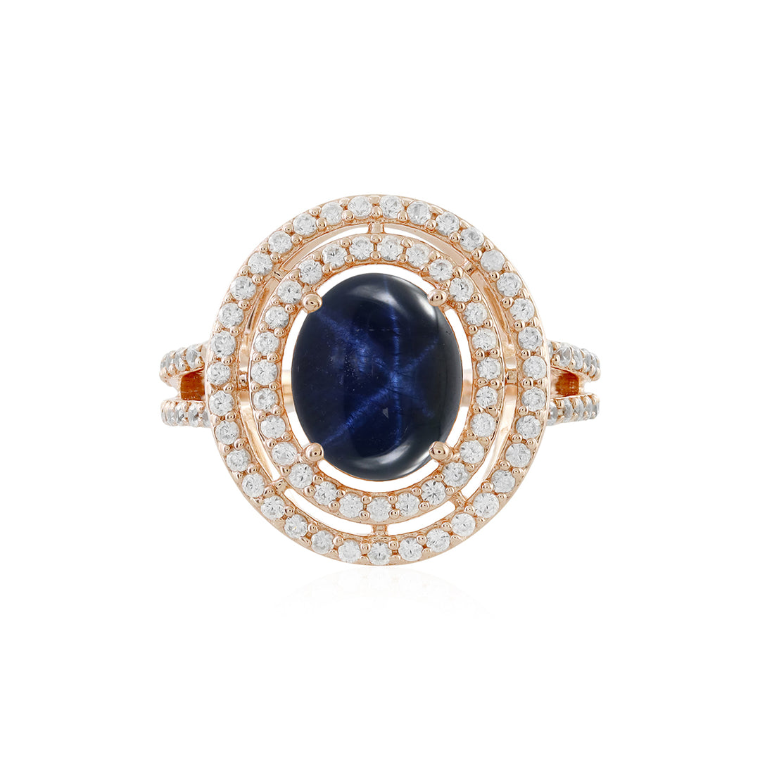 Diffusion Blue Star and Zircon Double Halo Silver Ring
