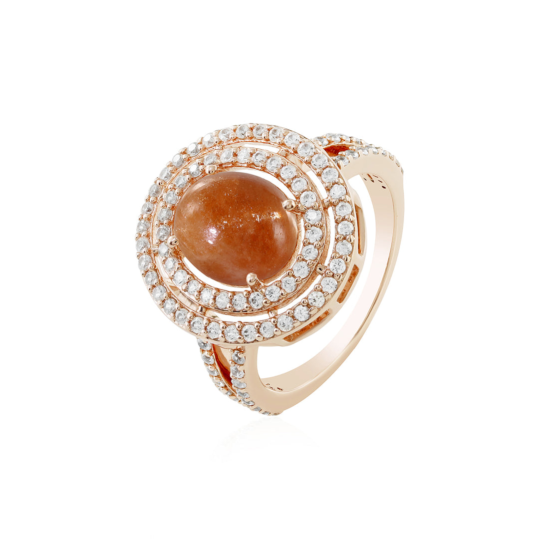 Sunstone and Zircon Double Halo Silver Ring