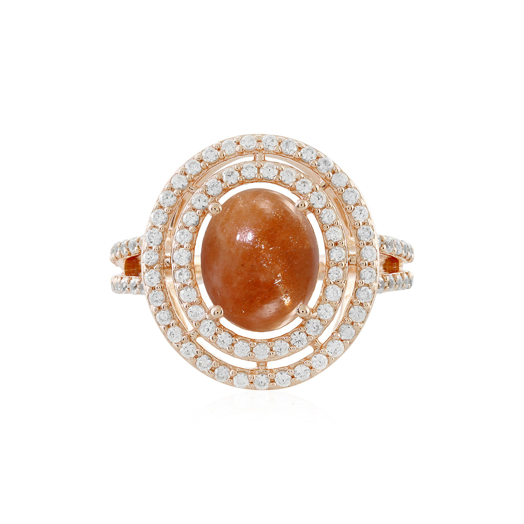 Sunstone and Zircon Double Halo Silver Ring