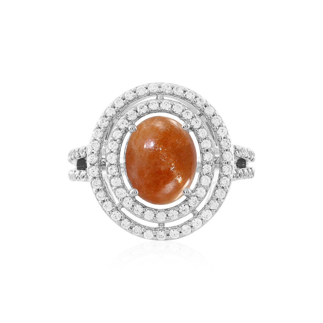 Sunstone and Zircon Double Halo Silver Ring