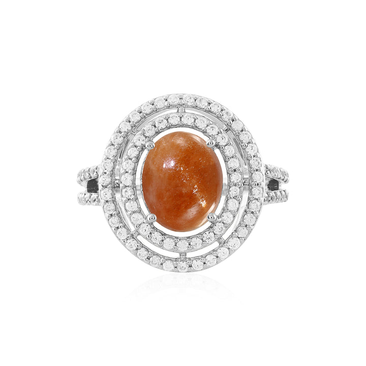 Sunstone and Zircon Double Halo Silver Ring