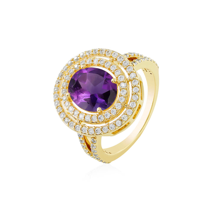 Amethyst and Zircon Double Halo Silver Ring