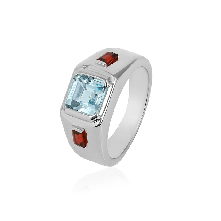 Blue Topaz and Garnet Silver Ring