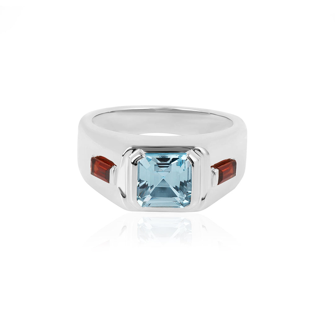 Blue Topaz and Garnet Silver Ring