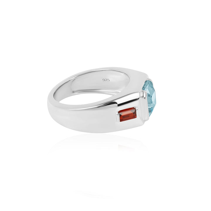 Blue Topaz and Garnet Silver Ring