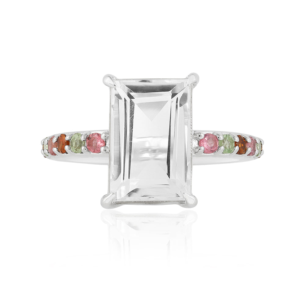 White Quartz and Multi Tourmaline Silver Ring