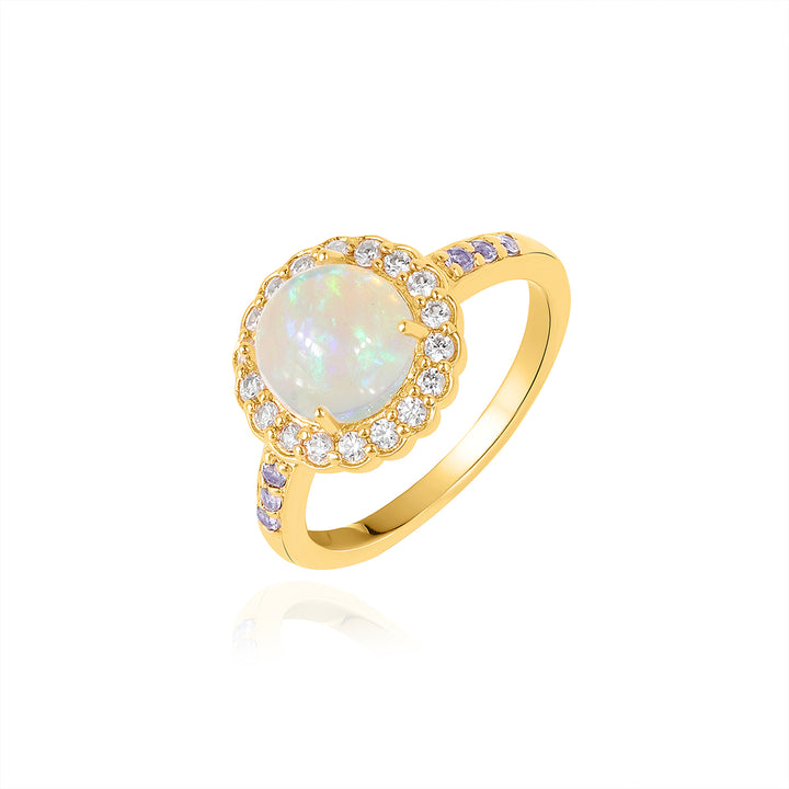 Ethiopian Opal, Zircon and Tanzanite Halo Silver Ring