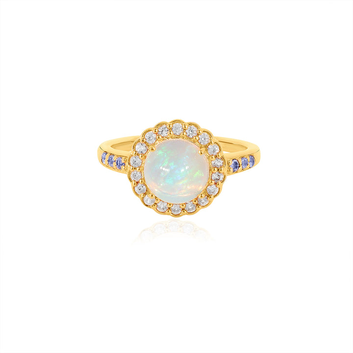 Ethiopian Opal, Zircon and Tanzanite Halo Silver Ring