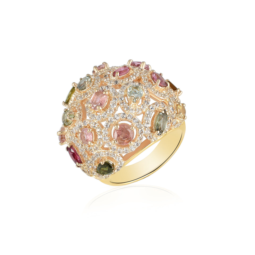 Multi Tourmaline and Topaz Cluster Silver Ring
