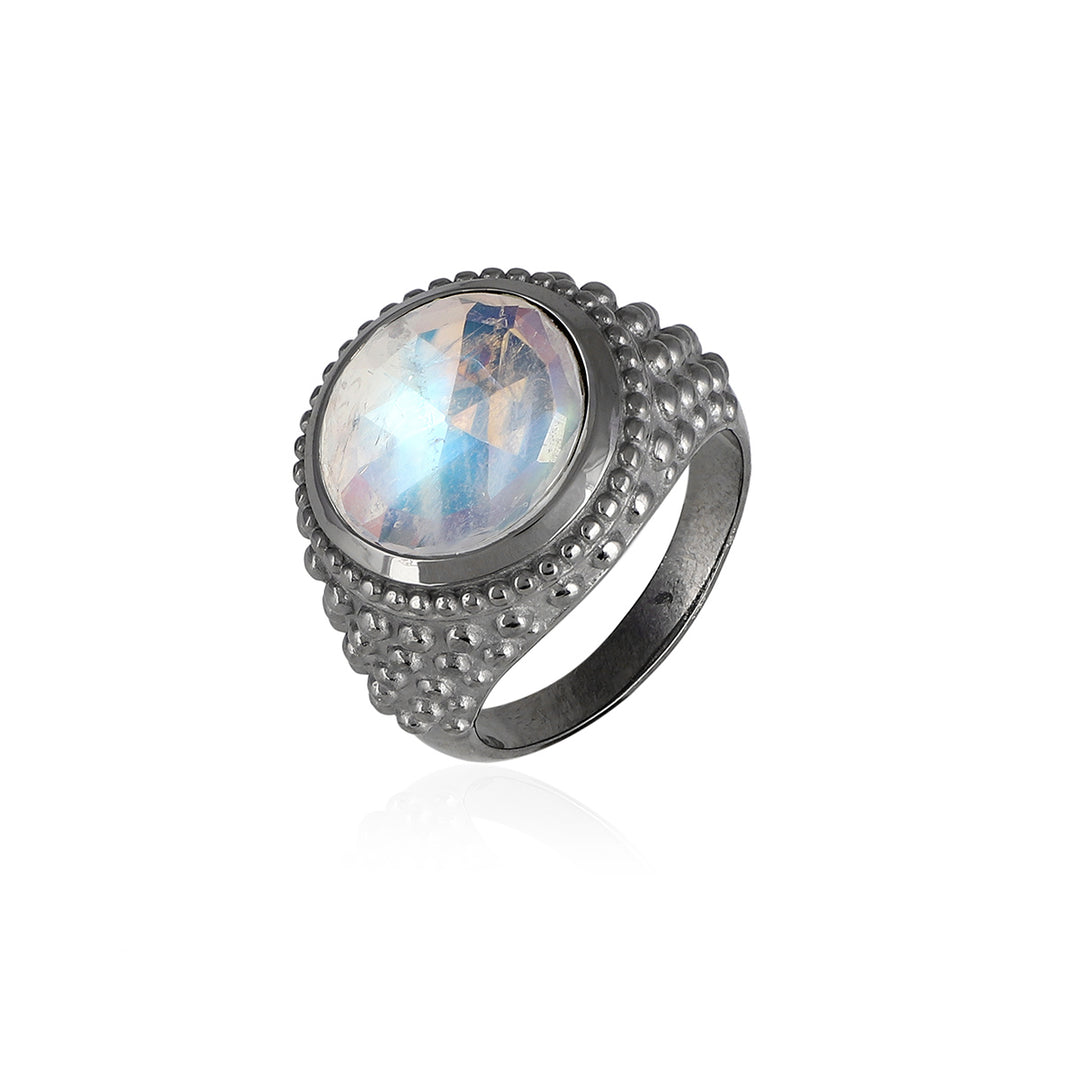 Rainbow Moonstone Solitaire Silver Ring