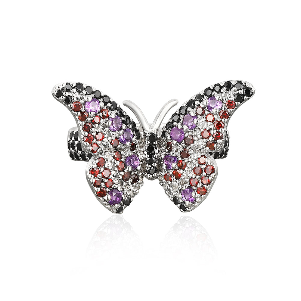 Black Spinel, Garnet and Amethyst Silver Butterfly Ring