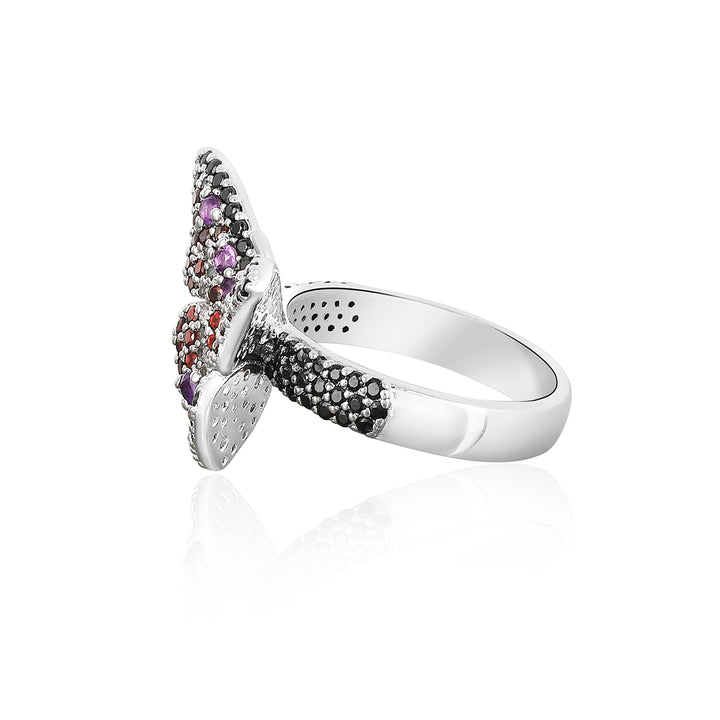Black Spinel, Garnet and Amethyst Silver Butterfly Ring