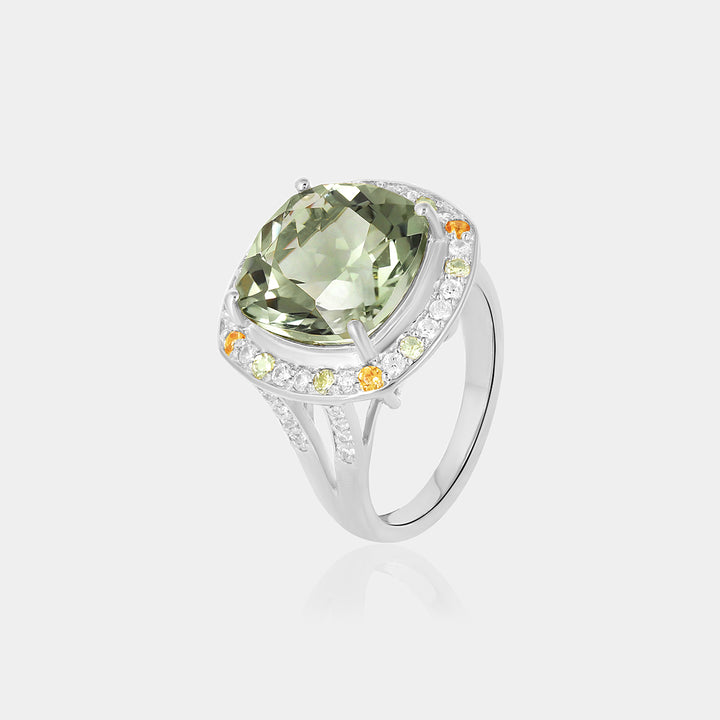 Green Amethyst with Peridot, Citrine and Zircon Silver Ring