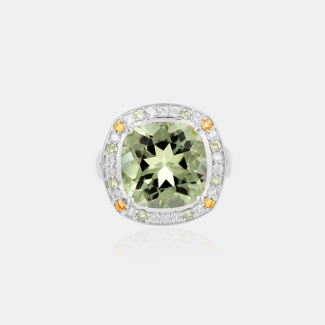 Green Amethyst with Peridot, Citrine and Zircon Silver Ring