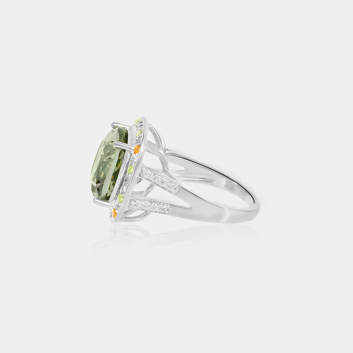 Green Amethyst with Peridot, Citrine and Zircon Silver Ring