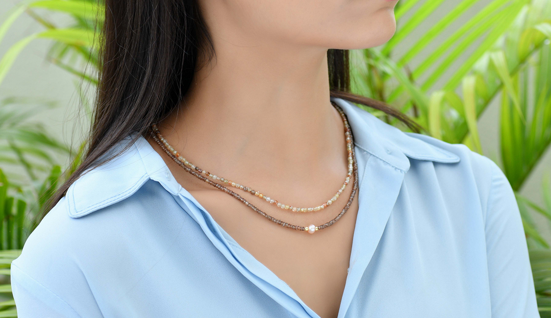 Multi Zircon and Pearl Layered Silver Necklace